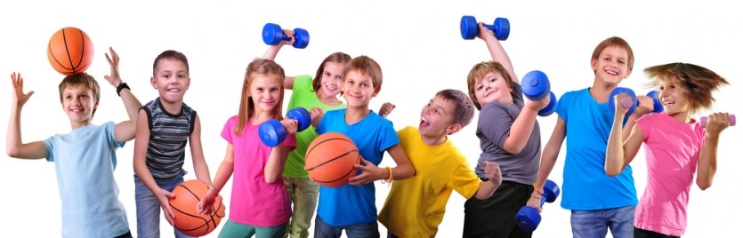 Team of sportive kids friends with dumbbells and ball elearning brothers